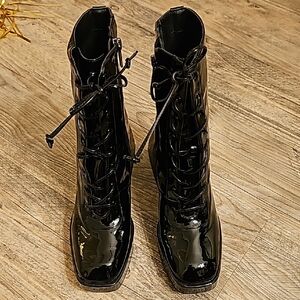 Glossy Black Lace-Up Women's Boots